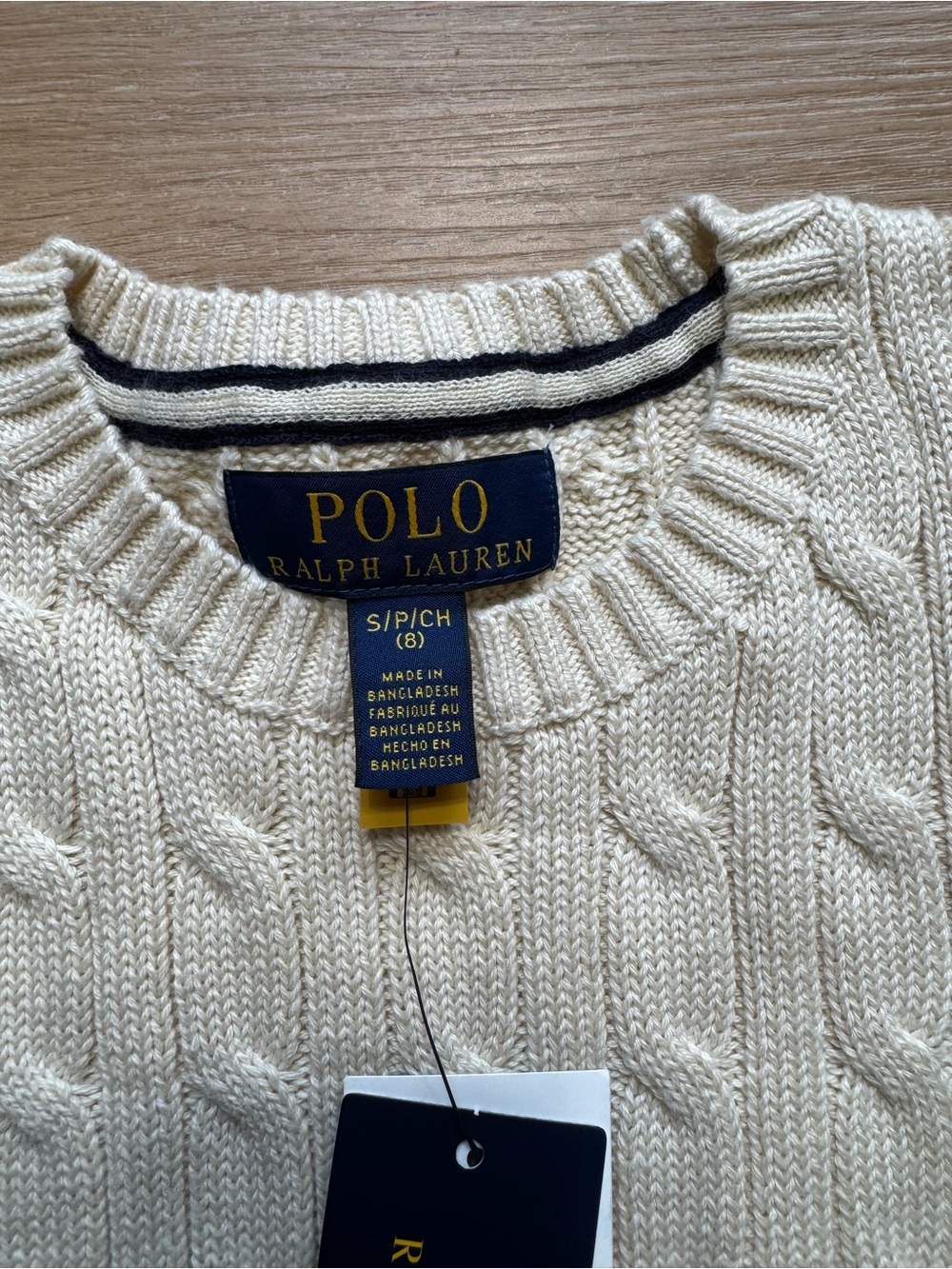 Polo by Ralph Lauren Cream Cable Knit Crewneck Sweater with Navy Pony - Picture 2 of 10